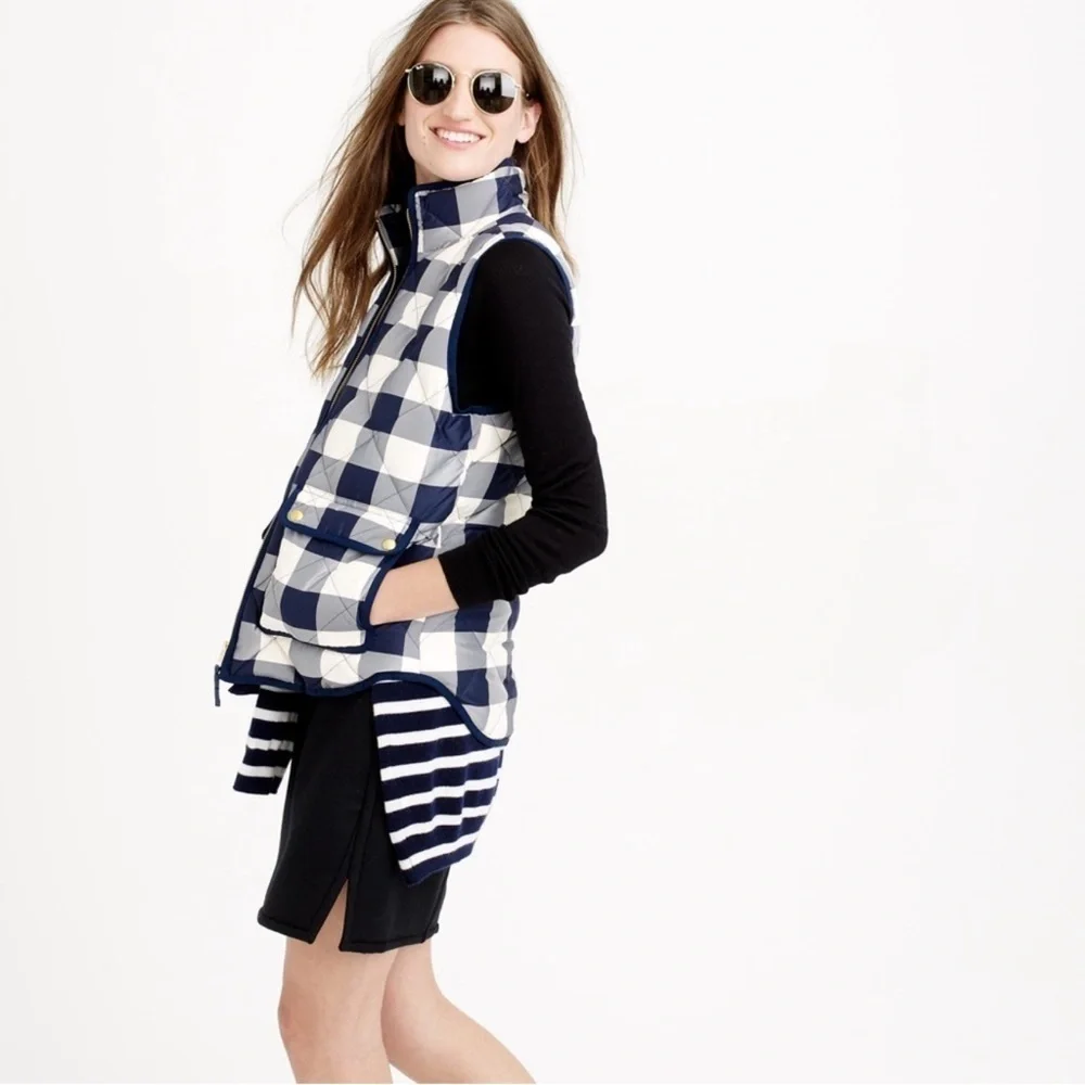 J Crew Excursion Quilted Puffer Vest Jacket Women Blue Buffalo Plaid Sz XS